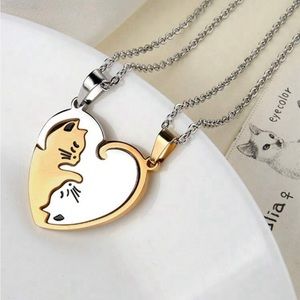 New 2pcs/Set Creative Stainless Steel Heart & Cat Design Couple Necklace